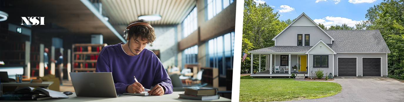A split image of a student learning with a laptop and a home