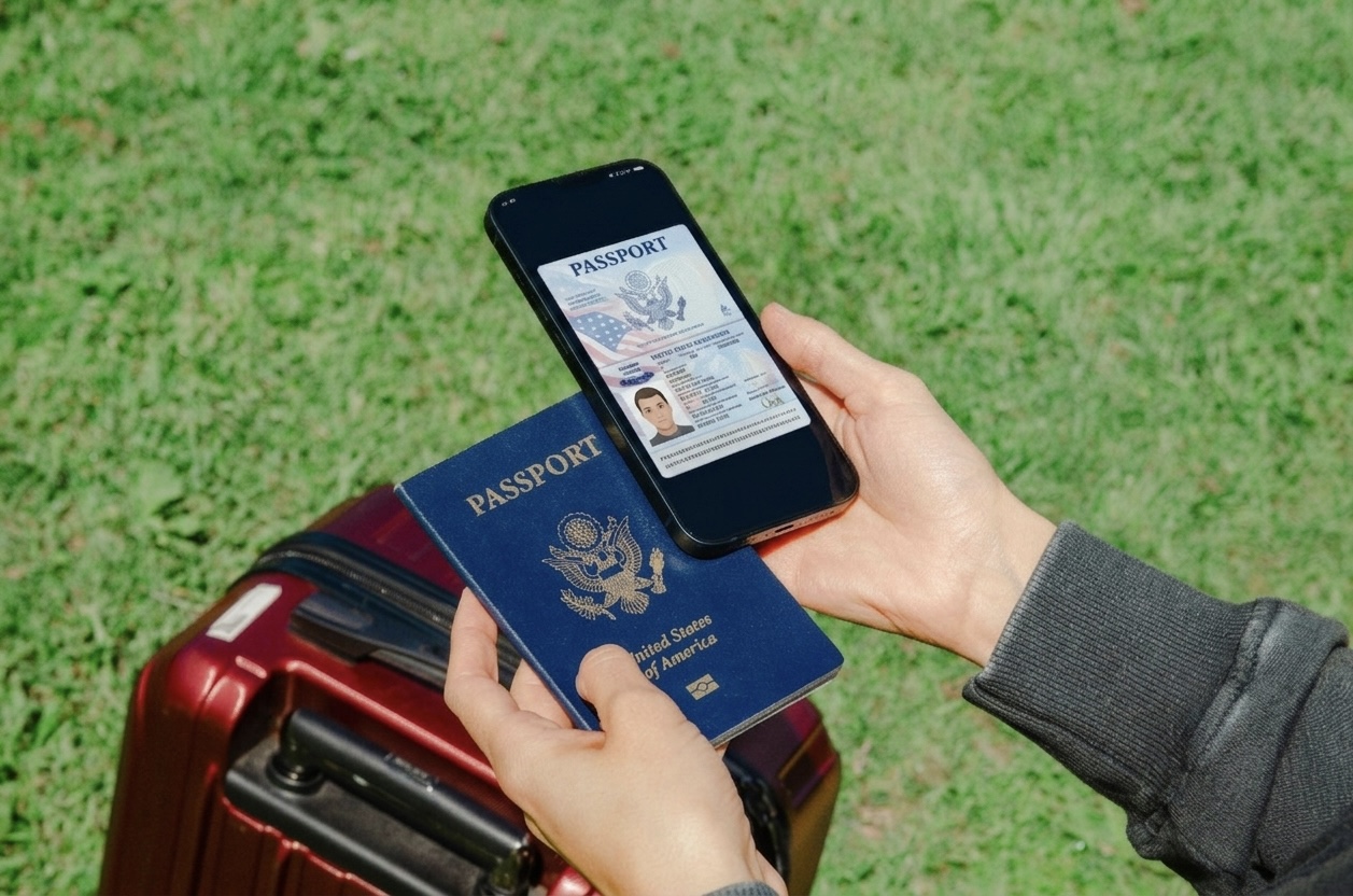 Person holding passport and a digital copy of the passport