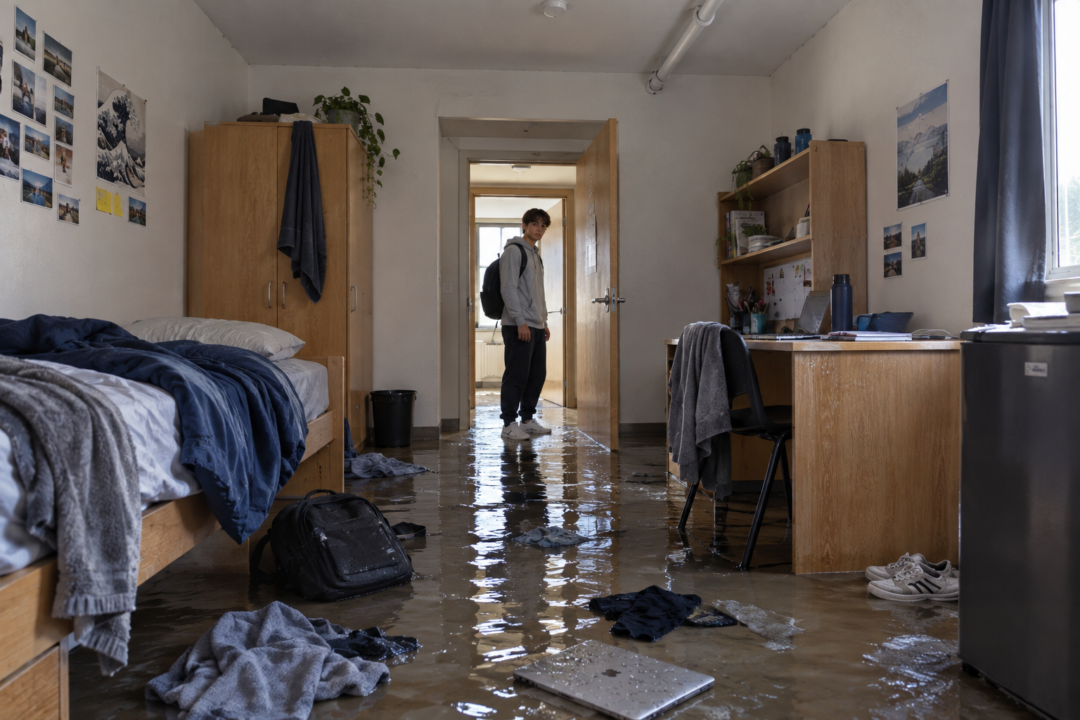 Damaged belongings in a college dorm room