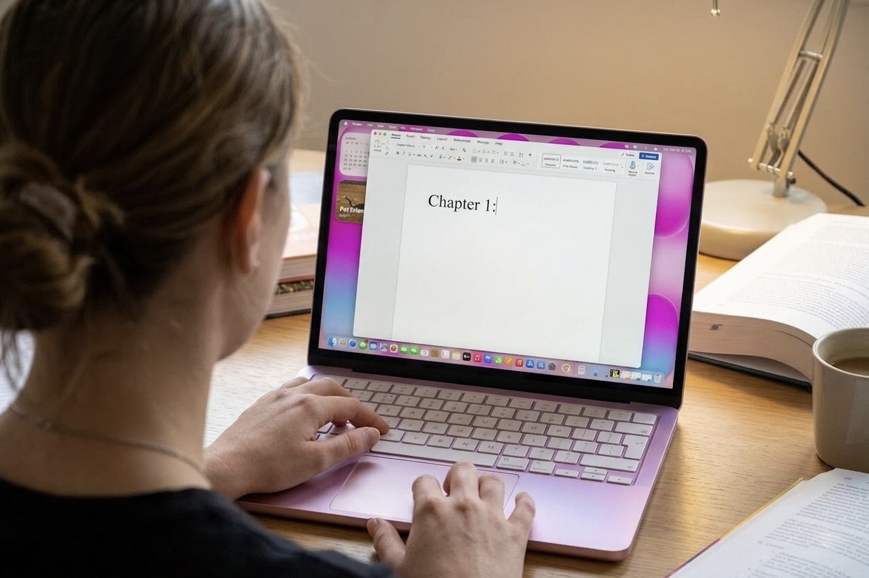 Student writing essay on Macbook Neo